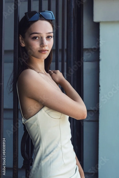 Obraz The girl poses at the iron gate.