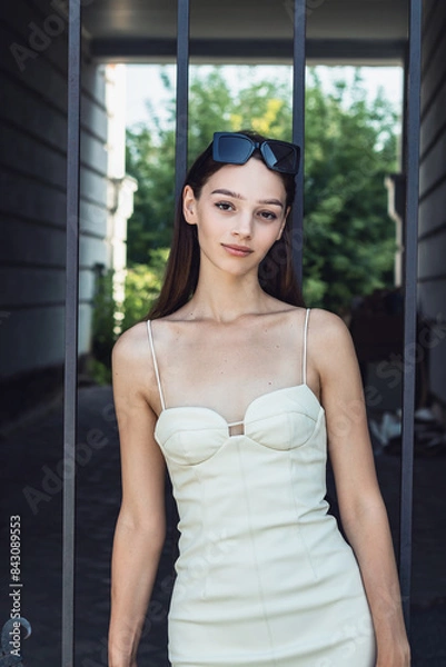 Obraz The girl poses at the iron gate.