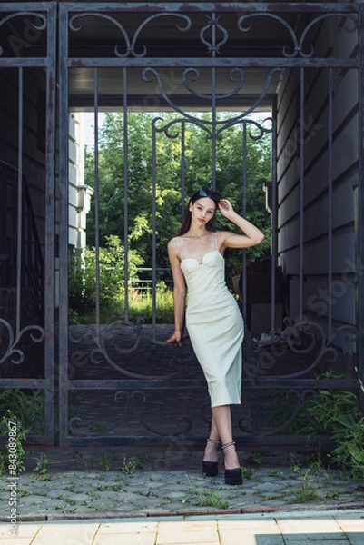 Obraz The girl poses at the iron gate.
