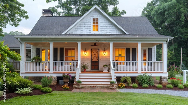 Obraz The facade of a traditional one-story home features an inviting porch that spans the front