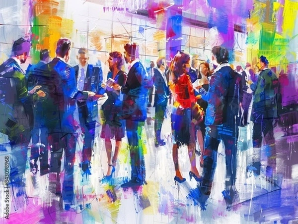 Fototapeta Dynamic Impressionism at Business Conference: Medium-Scale Professionals Connecting with Financiers Through Splashes of Creativity and Innovation