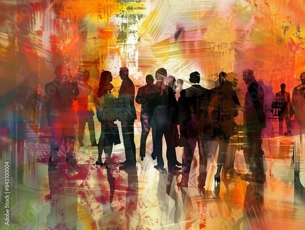 Fototapeta Vibrant Impressionism: Business Professionals Networking with Financiers in a Colorful Conference Setting