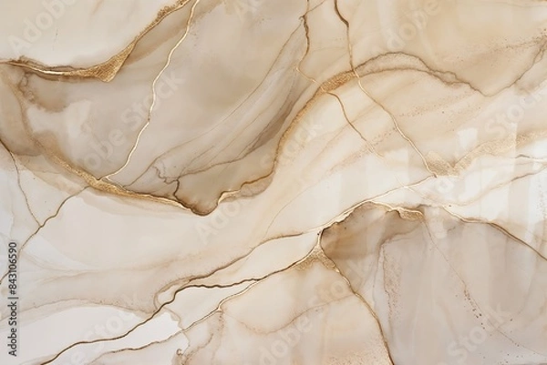 Fototapeta Beige marble background with golden lines, abstract fluid art painting in alcohol ink technique, elegant and luxurious wallpaper design for interior decoration.