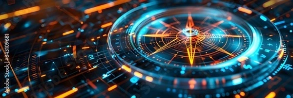 Fototapeta Abstract futuristic compass with digital lines and glowing elements on a dark background, symbolizing technology innovation for marketing or business direction concepts
