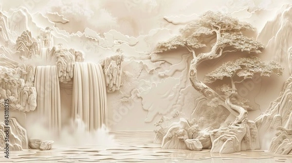 Obraz Beautiful landscapes 3d relief wallpaper. Mural wallpaper. Wall art. AI generated illustration