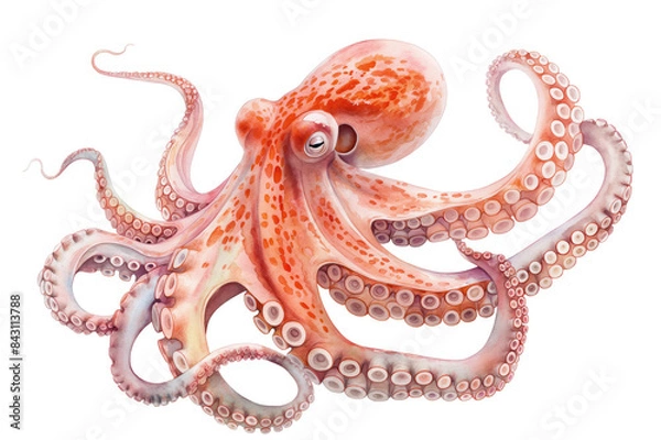 Fototapeta Octopus. Authentic watercolor style. Set against a clean white backdrop. Unique artistic portrayal of underwater beauty. Blend of abstract flair and lifelike details.