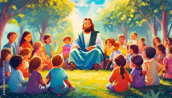 Obraz Jesus Christ speaking, telling a story to a group of children sitting in front of him