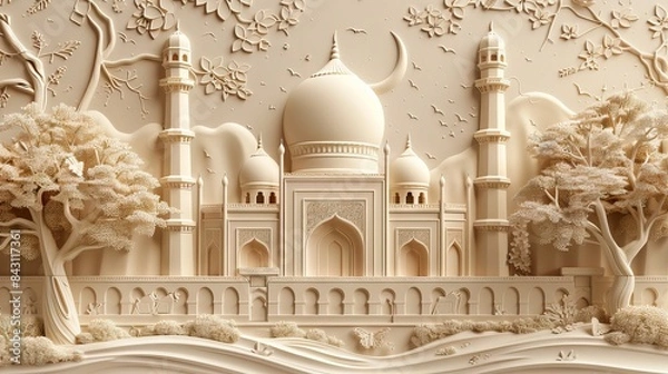 Obraz Beautiful mosque 3d relief wallpaper. Mural wallpaper. Wall art. AI generated illustration.