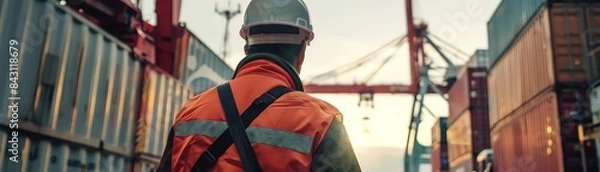 Fototapeta Dockworker directing crane, handling cargo, busy port, focus on coordination