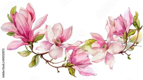 Fototapeta Magnolia flower wreath depicted in a watercolor style Total magnolia plant Watercolor wildflower for background texture wrapping design frame or border