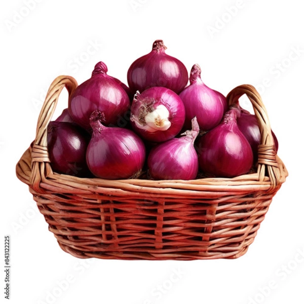 Fototapeta Red onion in a wicker basket on a transparent background