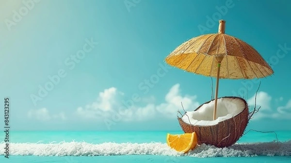 Fototapeta Tropical beach concept made of coconut fruit and sun umbrella. Creative minimal summer idea.
