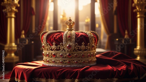 Obraz Close-up of a king's crown with red velvet and gold details on a red cloth in a royal setting - Generative AI