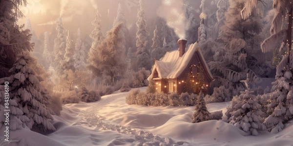 Fototapeta Cozy Log Cabin with Festive Lights in Snowy Forest - Generative AI