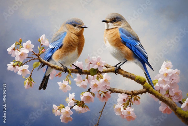 Obraz Eastern Bluebirds, male and female, perch on flowering branches in spring