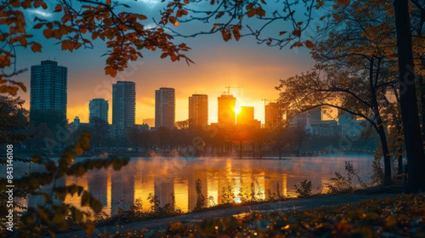 Fototapeta Silhouette of a city skyline with high-rise buildings reflecting on a tranquil lake during a vibrant sunset.
Abstract blurred image