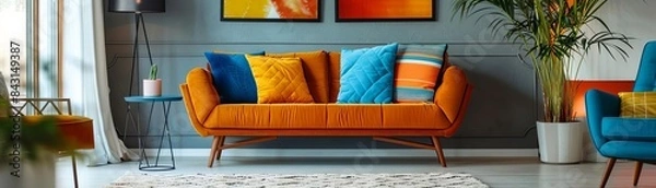Obraz Midcentury modern living room with clean lines, featuring sleek furniture and vibrant pops of color, creating a stylish and retro aesthetic