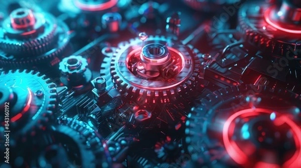 Obraz Spinning neon-lit gears and cogs in a vibrant 3D futuristic matrix with red and blue hues, exuding high energy. 3D futuristic style pattern