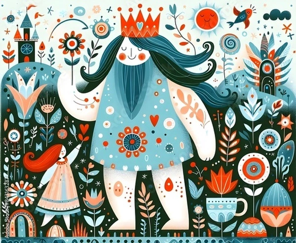 Fototapeta Ilustración infantil. seres mágicos, seres fantásticos, cuento de hadas, cuento infantil, ilustración, storybook, rey, reyes, giant, gigante, fantasía, variopinto, ilustración, arte, dibujos animados