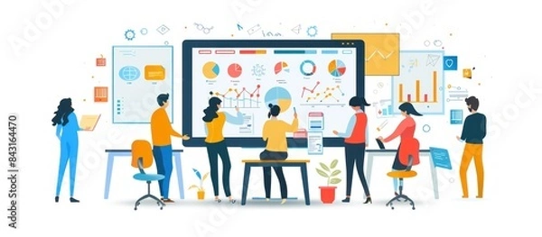 Fototapeta topview of creative agency business brain storm meeting presentation Team discussing roadmap to product launch, presentation