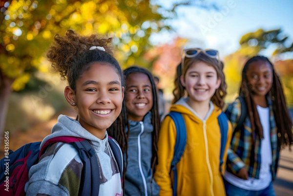 Fototapeta Portrait of a girl with her friends on the way to school, blurred background and selective focus, early autumn in Scandinavia, concept of a happy childhood and school years