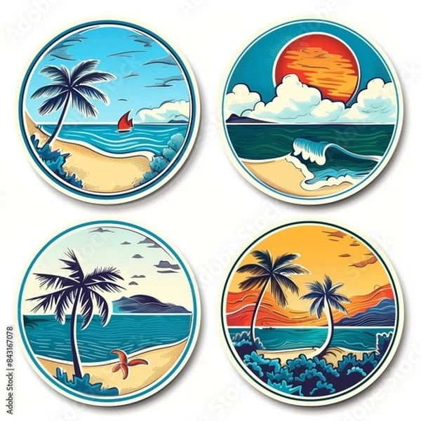 Obraz 4 round stickers of an ocean beach travel theme on the white background