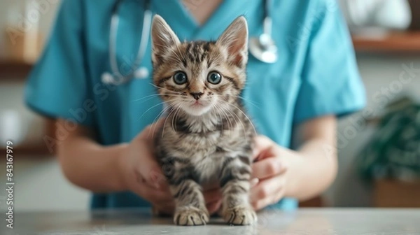 Obraz A veterinarian is holding a small kitten in her hands. The kitten is looking at the camera with big, round eyes.