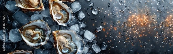 Fototapeta Freshly Opened Oysters on Ice - Mouthwatering Food Photography Background Square, Isolated on Black Table