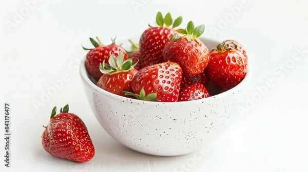 Fototapeta Ripe, juicy strawberries in a white bowl on a white background. The strawberries are fresh and have green leaves. The bowl is white with gray dots.