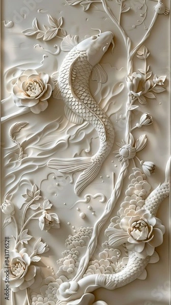Fototapeta 3d fish Wallpaper Background golden art for digital printing wallpaper, mural, custom design wallpaper. AI generated illustration