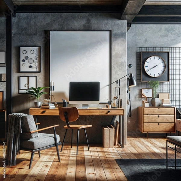 Fototapeta Mockup frame in home office interior background, mid-century modern style in loft, 3d render,digital illustration created with generative ai.