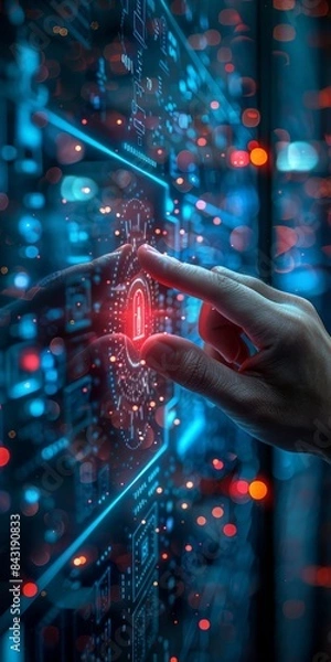 Obraz A hand is pointing at a red padlock displayed on a computer screen