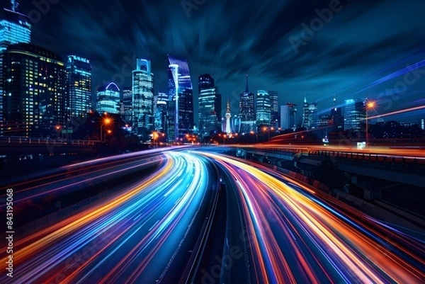 Fototapeta Nighttime Highway: Dynamic Car Motion and Urban Light