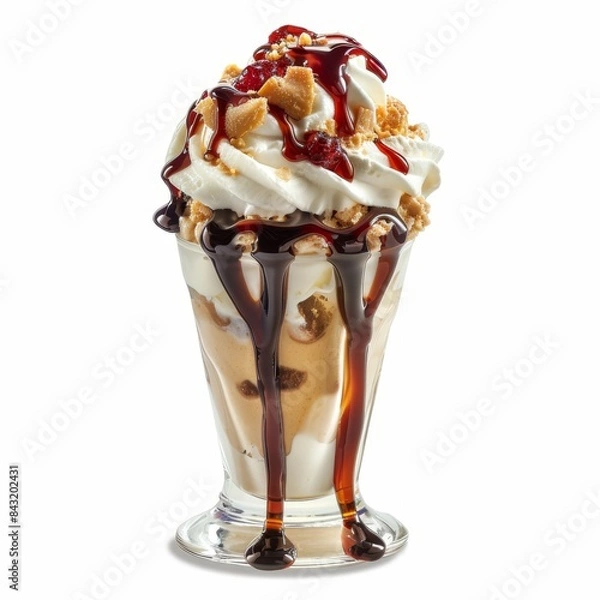 Fototapeta Delicious sundae with whipped cream, chocolate drizzle, and caramel sauce in a glass cup, perfect for dessert lovers. White Background