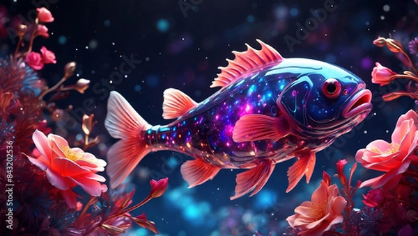 Fototapeta Colorful and shiny fish surrounded by flowers in a fantastical scene. Generative AI.