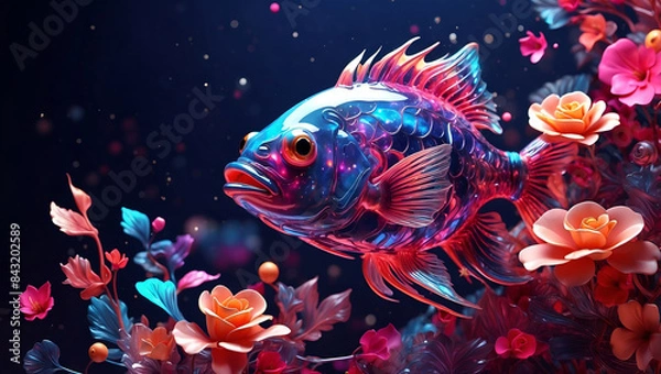 Fototapeta Colorful and shiny fish surrounded by flowers in a fantastical scene. Generative AI.