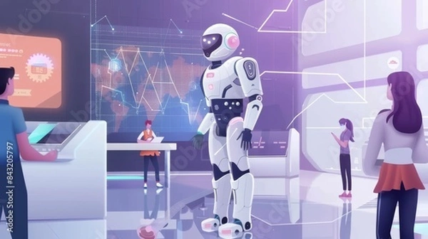 Fototapeta Artificial intelligence replaces humans in learning and analysis work. Processing big data in the world People learn to study and operate AI robots. with future innovations 