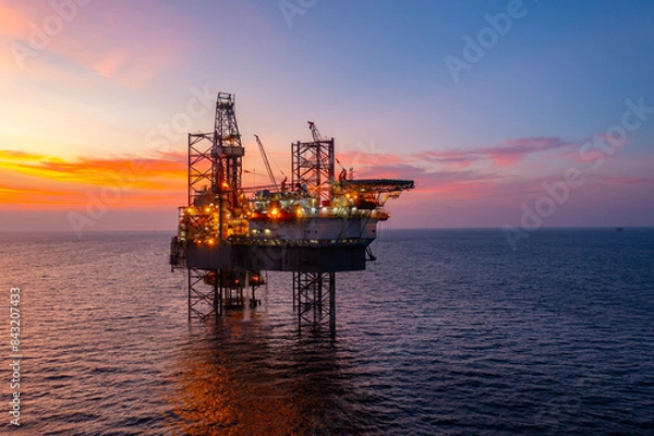 Obraz Aerial view of silhouette offshore jack up drilling rig during sunset - oil and gas industry.