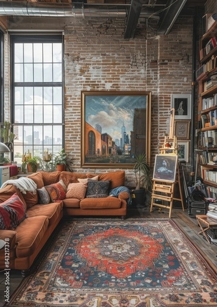 Fototapeta Artistic Studio Apartment An open studio with an artist's easel, paint supplies, and eclectic decor. Include a comfortable sofa, a small kitchen area, and large windows. 