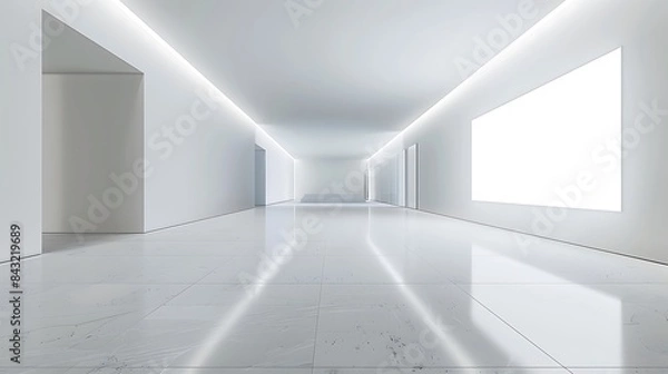 Fototapeta sleek interior with sofa set and decoration with the frames on the wall isolated  and lamp set ted on the white background with bedroom and table