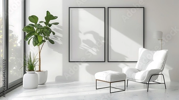 Fototapeta sleek interior with sofa set and decoration with the frames on the wall isolated  and lamp set ted on the white background with bedroom and table