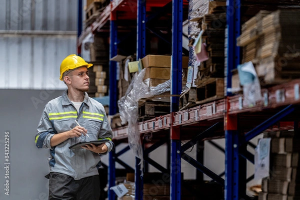 Fototapeta man worker walking and checking stock items for shipping. male inspecting the store factory. Logistics employees holding folders at on site warehouse area for shipping transportation.