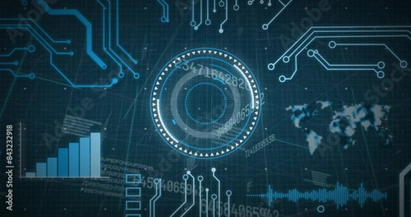 Fototapeta Image of data processing, scope scanning and computer circuit board