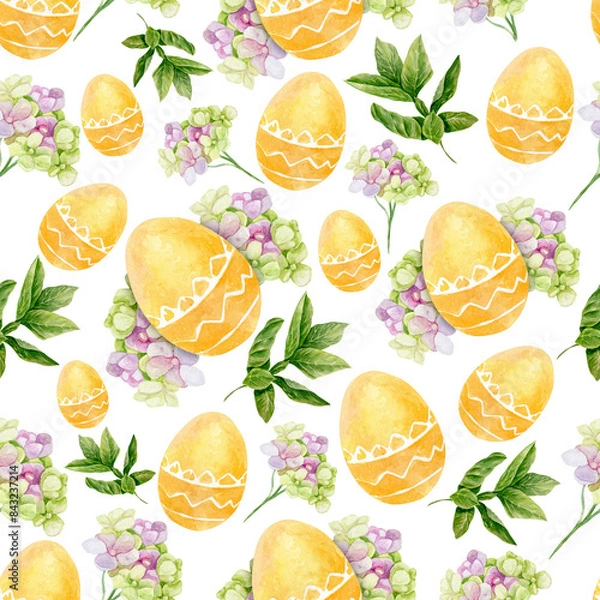 Fototapeta Easter elements on a white background. Pattern with flowers, leaves and Easter yellow eggs. Watercolor illustration.