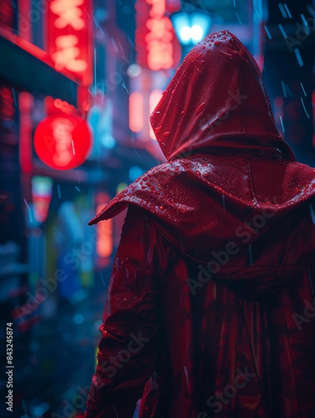 Fototapeta Red Riding Hood, Red Hood, modern-day vigilante fighting corruption in the city, prowling the neon-lit streets at night, 3D render, backlighting, depth of field bokeh effect
