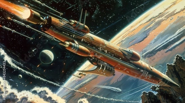 Fototapeta Retro spaceship launching into space for science fiction or space exploration designs