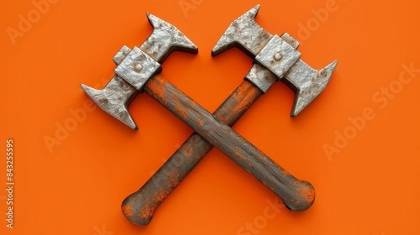 Fototapeta Rusty axes crossed on an orange background for halloween or gothic designs