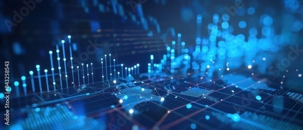 Obraz Abstract blue digital background with glowing light and bar graph of stock market data, futuristic technology concept