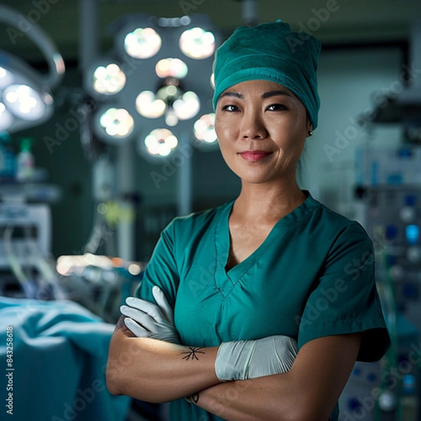 Fototapeta A female Asian nurse wearing green scrubs and a surgical cap is standing in an operating room with her arms crossed, smiling at the camera. She has white gloves on both hands. 