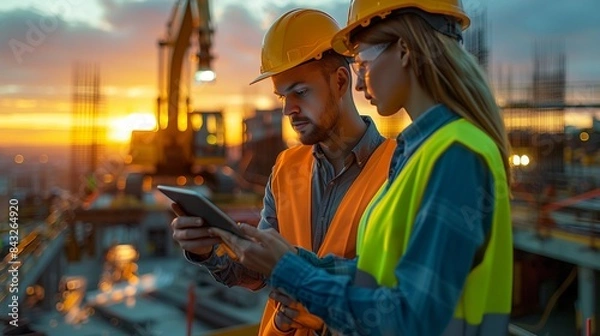 Fototapeta female engineer and male worker using a tablet at a construction site with an excavator at sunset